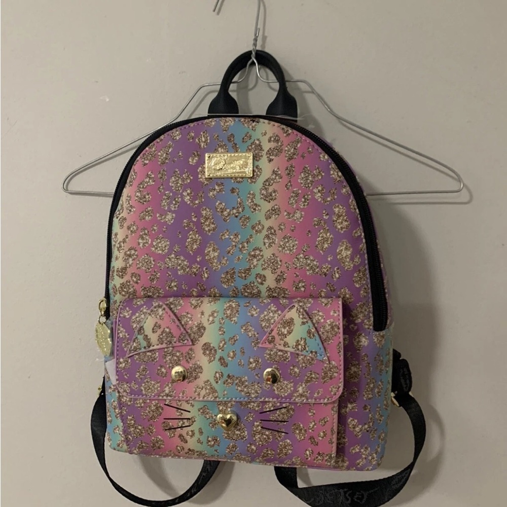 Betsey Johnson Pastel Rainbow Glitter Leopard Cat Mini Backpack